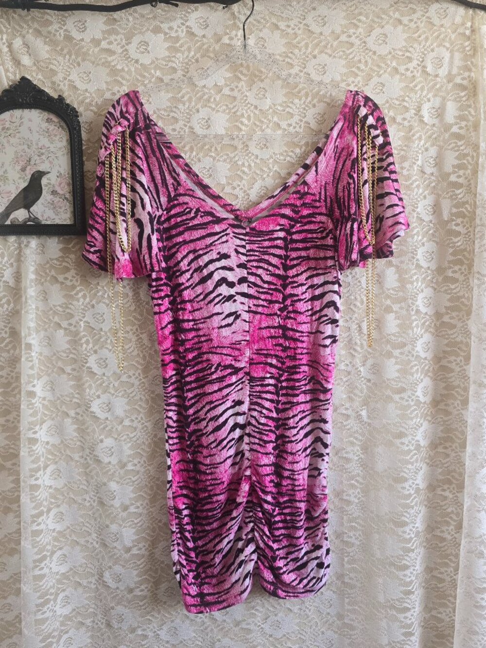 COOGI Y2K Ruched Plunge Zebra/Tiger Print Mini Dress - electric hot pink - festi